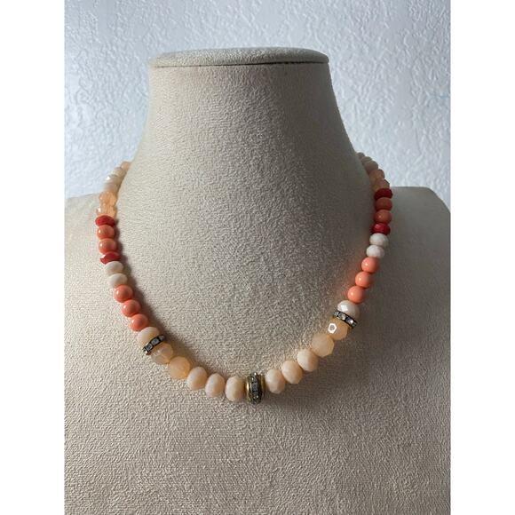 Vintage Orange & Coral Beaded Necklace with Rhinestones - Picture 1 of 4